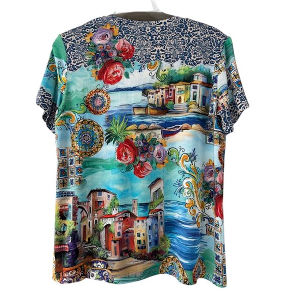 Johnny Was Janie Favorite Christy Short Swing Tee Floral Shirt Green Blue Top NW - Picture 7 of 9